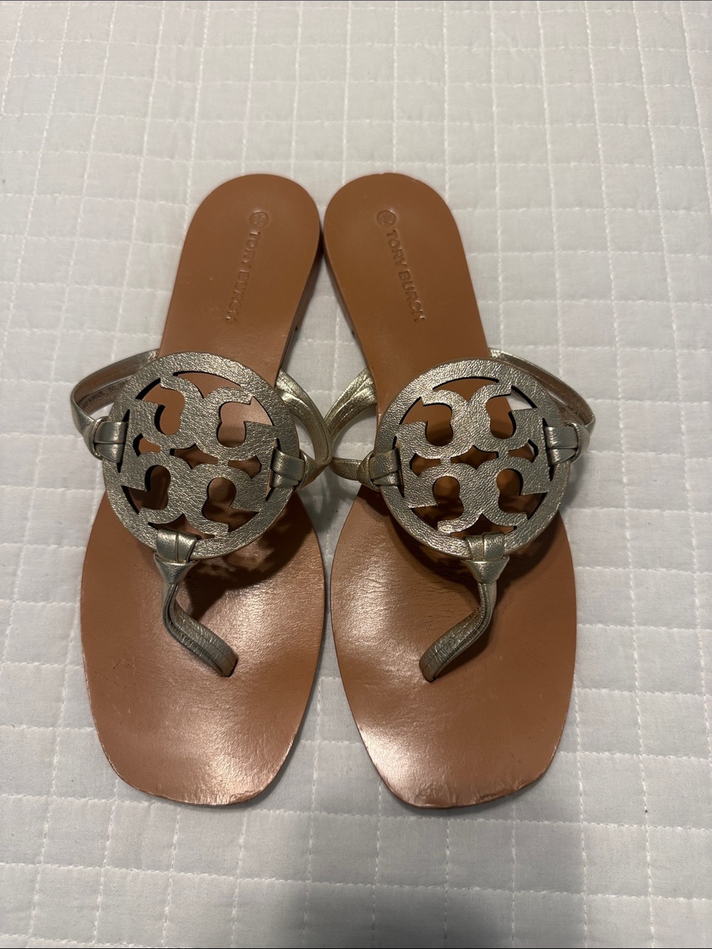 Tory Burch gold Logo Thong Sandals with Tan Footbed
